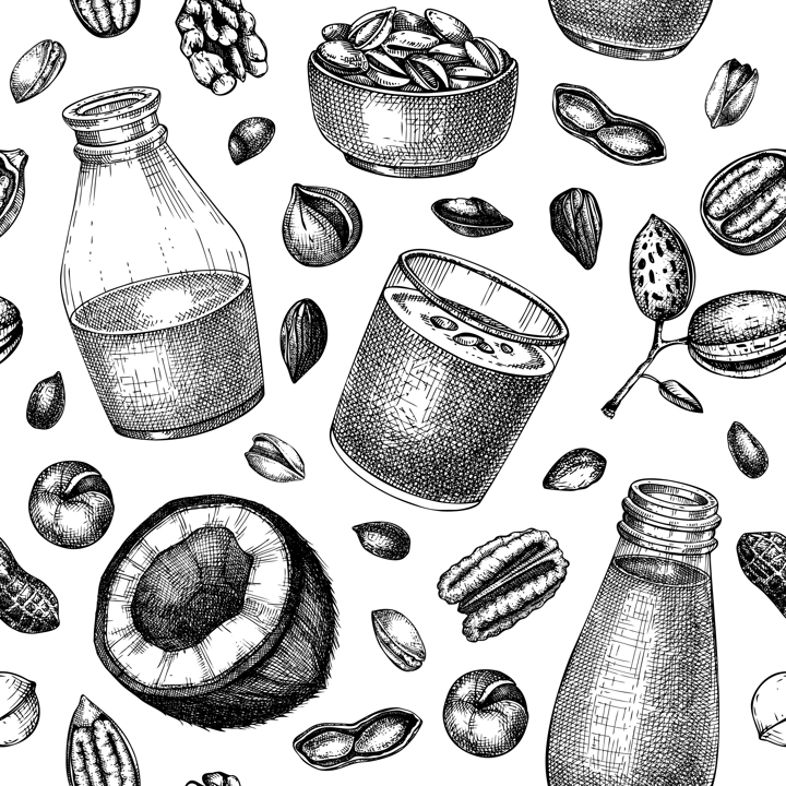 Nut milk pattern. Dairy products seamless endless background design. Repeating print with plant milk, almond, pecan, coconut, pistachio. Vegetarian food sketches for fabric, textile, decoration